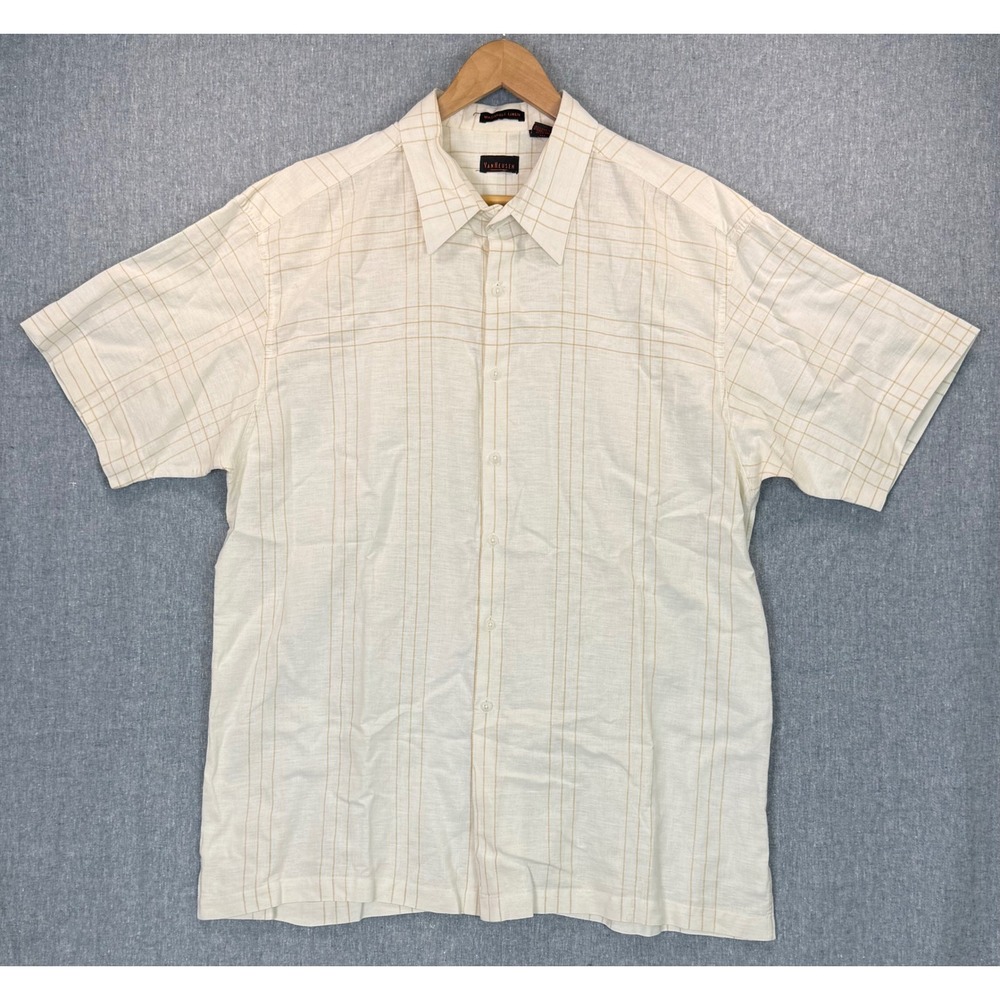 Van Heusen Short Sleeve Button Down Shirt Sz XL Cream Plaid Linen Blend Casual